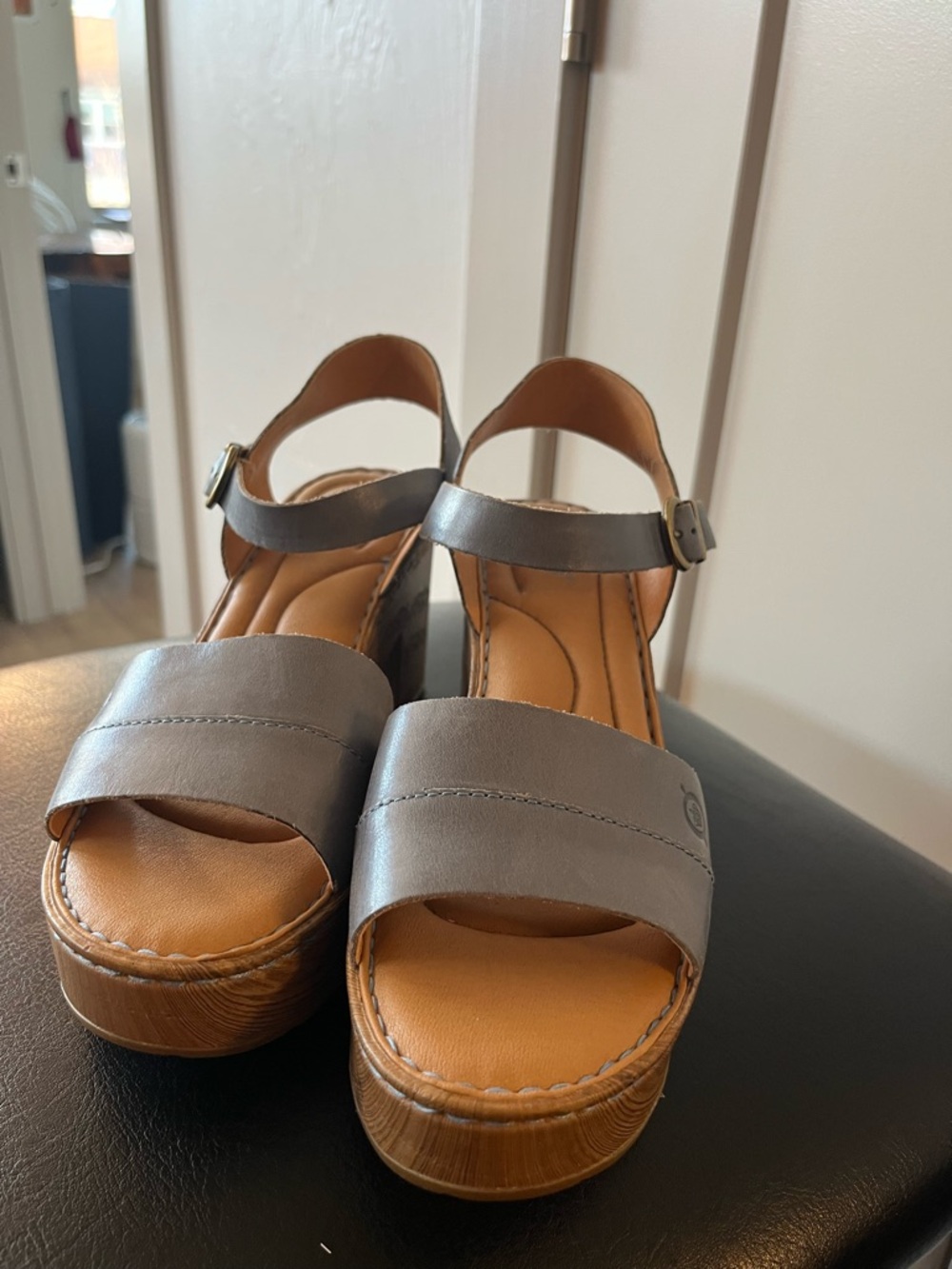 Born Silver Leather Platform Sandals with Wood-Effect Heel - Picture 5 of 9